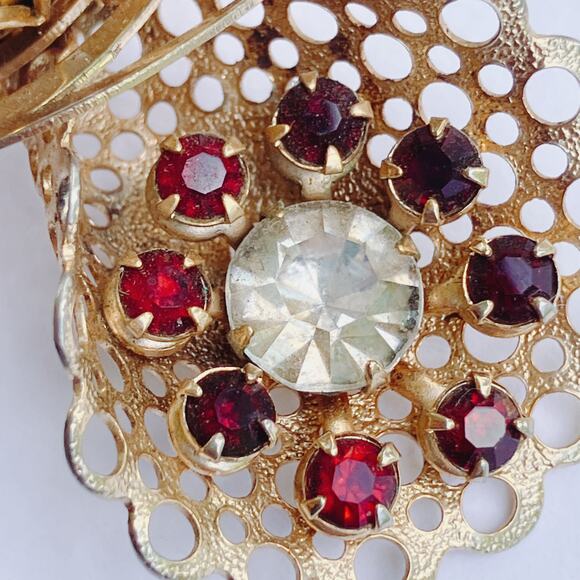 VTG Mid Century Gold Tone Rhinestone Fan Flower Brooch Costume Jewelry 50s 60s - Picture 2 of 10